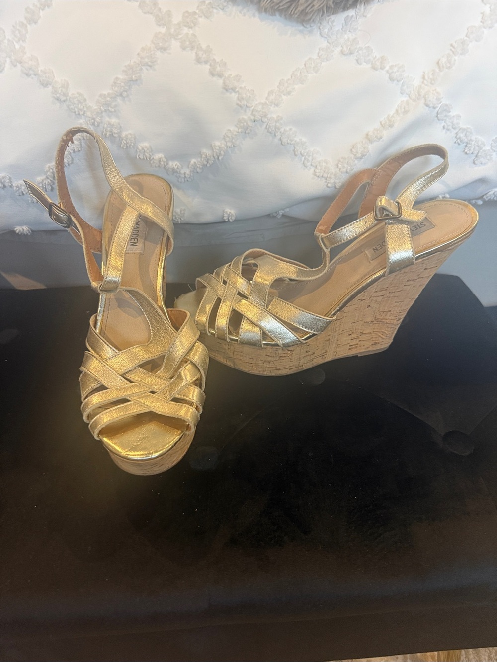 Steve Madden Metallic Gold Cork Wedge Sandals
